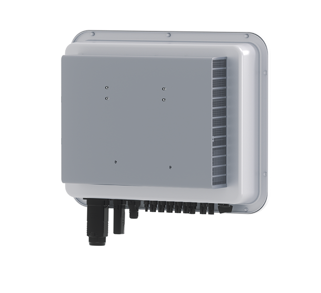 Side view of a white Solavita on-grid inverter, showcasing its advanced cooling fins and multiple connection ports, designed for efficient energy management in solar power systems