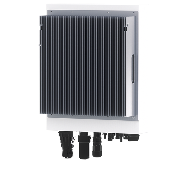 A close-up of a Solavita on-grid inverter (7-10kW) with a ribbed back surface and three cables connected at the bottom. The sleek design in white and gray tones highlights its robust functionality, providing a modern energy solution.