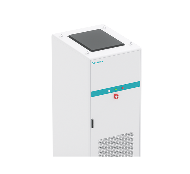 Angled top view of the Solavita liquid-cooling outdoor energy storage cabinet, featuring a sturdy rectangular design with a black panel on top for enhanced cooling. The front panel includes a turquoise stripe with LED indicators, an emergency stop button, and a lower perforated ventilation area for effective air circulation. The cabinet is built for durability in outdoor commercial and industrial energy storage applications