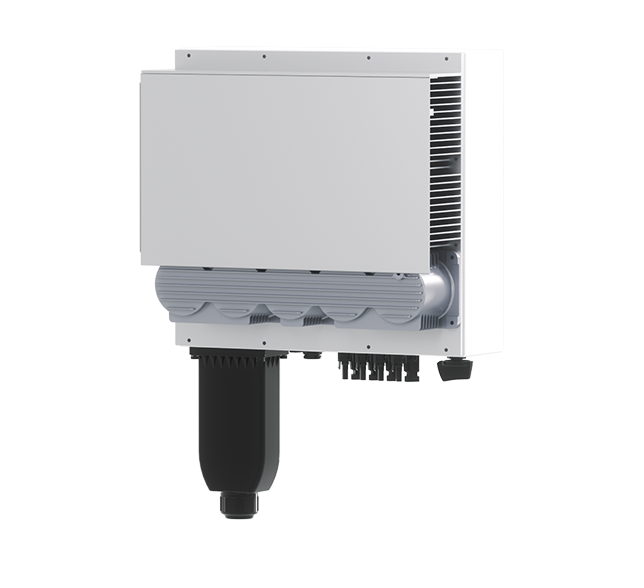 A close-up of a Solavita three phase on-grid inverter (7-10kW) with a ribbed back surface and 4 MPPT  cables connected at the bottom. The sleek design in white and gray tones highlights its robust functionality, providing a modern energy solution.