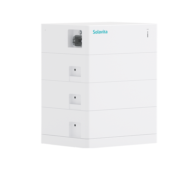 Angled view of the Solavita high-voltage battery system, featuring a sleek, stackable design with three 5.12kWh battery packs. The minimalist white casing and modular structure make it an ideal choice for a home energy storage system, seamlessly integrating into residential energy setups