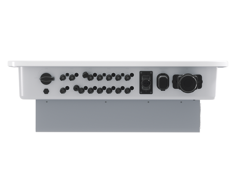 Bottom view of Solavita on-grid inverter showcasing PV input and communication ports, designed for efficient integration in solar energy systems, ideal for commercial and industrial installations