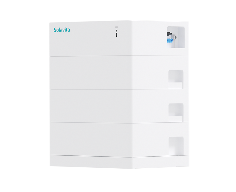 Solavita high voltage battery pack for home energy storage systems, featuring a sleek, modular design with a white exterior. The unit displays stackable compartments, offering scalability and flexibility for residential use. The compact build is ideal for optimizing space while providing reliable, high-capacity energy storage, with easy integration into existing Solavita hybrid energy systems