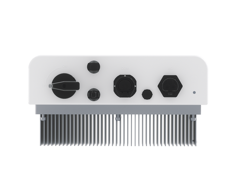 The Solavita on-grid inverter (1-3kW) with multiple MPPT black knobs and connectors, mounted on a gray base with vertical metal fins for enhanced cooling, showcasing precise and organized design for  solavita efficient energy management.