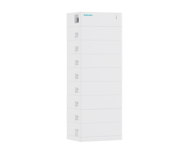 Solavita high-capacity battery pack stacked vertically, showcasing its modular design with a maximum series configuration reaching up to 20kWh. Ideal for residential energy storage applications requiring scalable power solutions.