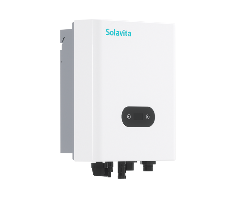 A compact white Solavita 1-3kw inverter with a sleek design, featuring a small black display on the front and several connectors at the bottom, compatible with Solavita Cloud Monitoring for real-time energy management and remote monitoring capabilities.