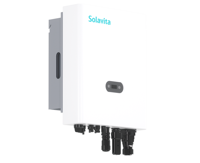 A compact white Solavita 7-10kw On-grid inverter with a sleek design, featuring a small black display on the front and several connectors at the bottom, compatible with Solavita Cloud Monitoring for real-time energy management and remote monitoring capabilities.