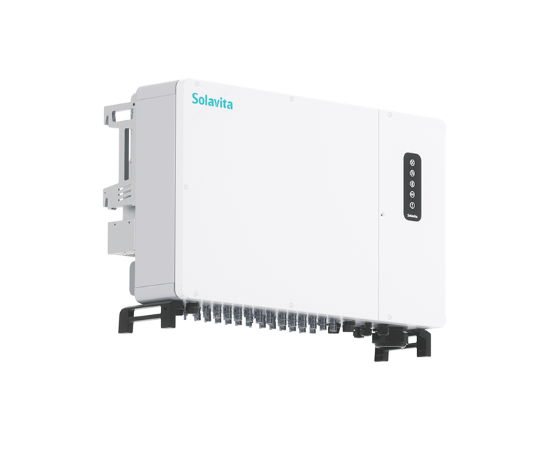 Solavita three-phase on-grid inverter designed for commercial and industrial (C&I) applications, featuring a sleek front panel with multiple connection points for optimized solar energy management.