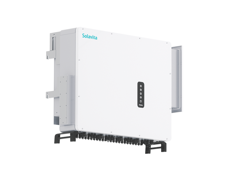 Solavita three-phase on-grid inverter designed for commercial and industrial (C&I) applications, featuring a sleek front panel with multiple connection points for optimized solar energy management.