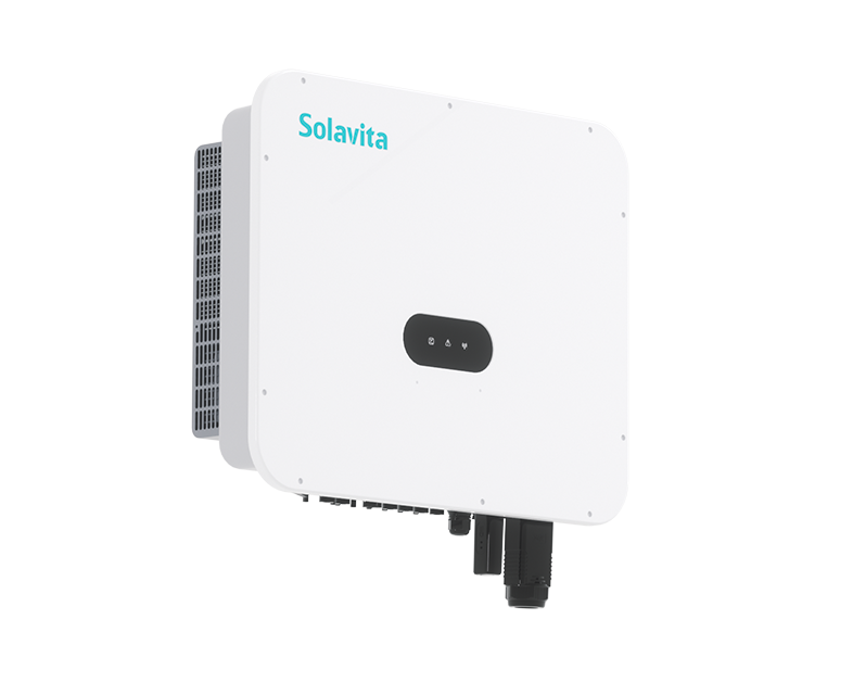 Solavita on-grid inverter with a sleek, white design, suitable for three phase installations in solar energy systems, supporting high power output in 40-60kW configurations.