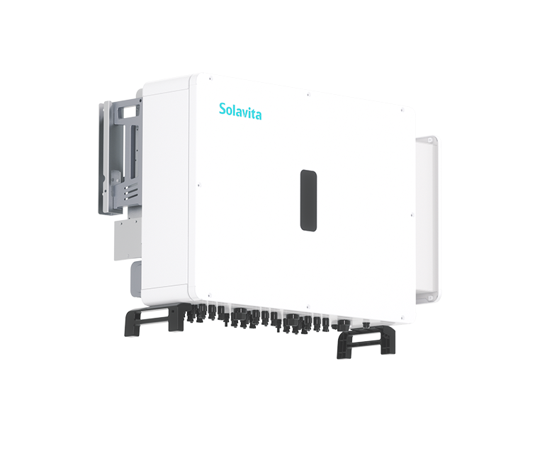 Image of a Solavita on-grid inverter, showcasing its robust design and multiple connection ports. Suitable for three-phase solar inverter applications in commercial and industrial (C&I) settings, providing efficient energy management and reliability in on-grid systems