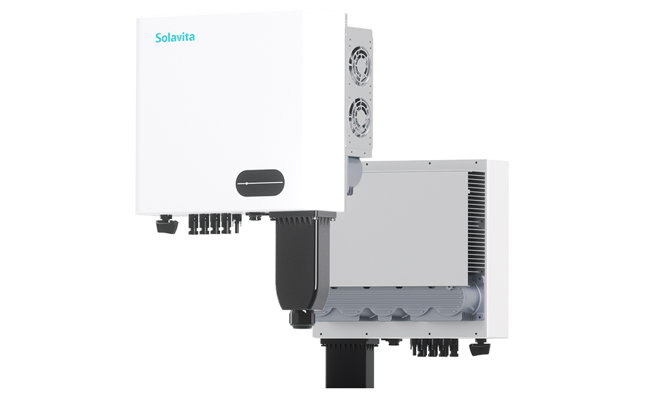 The white Solavita inverter features a compact design on both the front and back, with a front display panel and multiple connectors on the bottom, designed for efficient energy management and compatible with the Solavita Cloud for remote monitoring