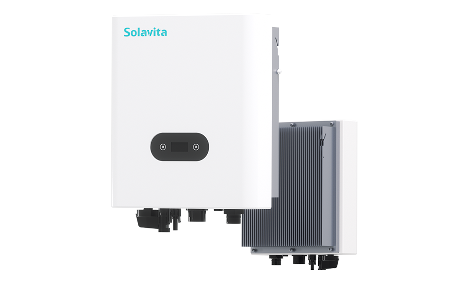 The white Solavita inverter features a compact design on both the front and back, with a front display panel and multiple connectors on the bottom, designed for efficient energy management and compatible with the Solavita Cloud for remote monitoring