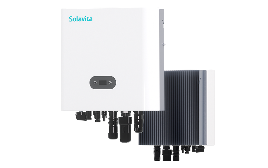 The white Solavita inverter features a compact design on both the front and back, with a front display panel and multiple connectors on the bottom, designed for efficient energy management and compatible with the Solavita Cloud for remote monitoring