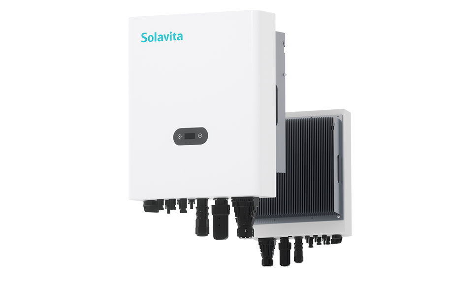 The white Solavita inverter features a compact design on both the front and back, with a front display panel and multiple connectors on the bottom, designed for efficient energy management and compatible with the Solavita Cloud for remote monitoring