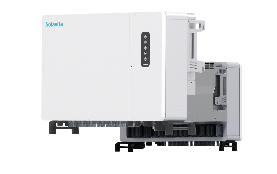 Solavita on-grid inverter with dual cooling fans on the side, designed for efficient energy management in residential and commercial applications, showcasing robust three-phase functionality