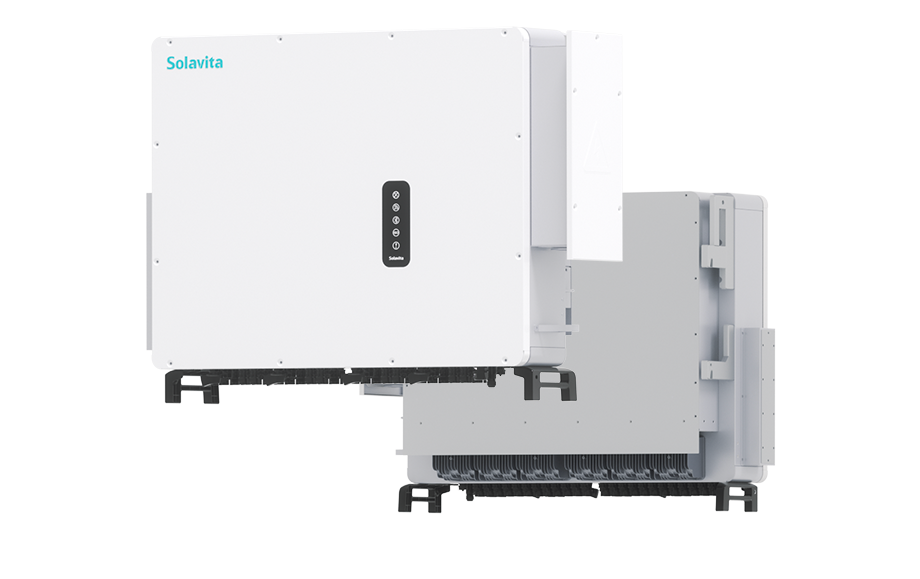 Solavita on-grid inverter with dual cooling fans on the side, designed for efficient energy management in residential and commercial applications, showcasing robust three-phase functionality