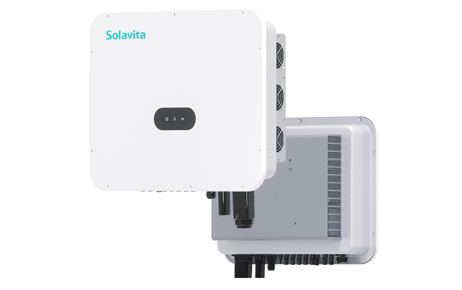 Solavita on-grid inverter with dual cooling fans on the side, designed for efficient energy management in residential and commercial applications, showcasing robust three-phase functionality