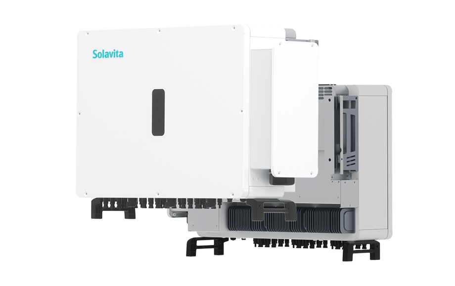 Solavita on-grid inverter with dual cooling fans on the side, designed for efficient energy management in residential and commercial applications, showcasing robust three-phase functionality