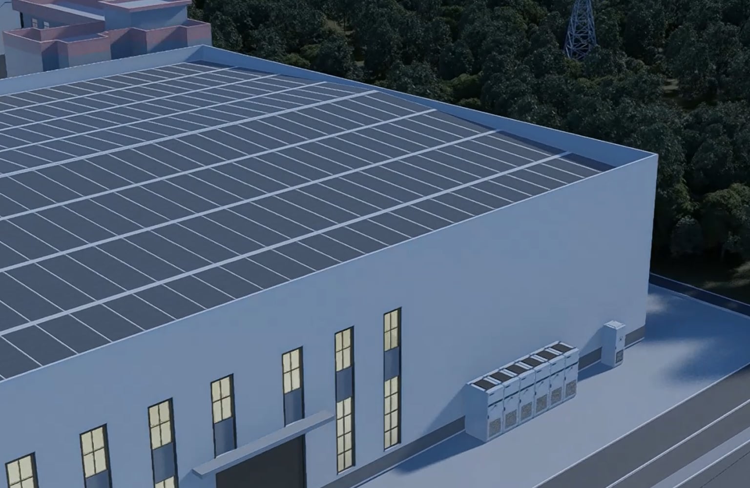 The Solavita solar energy storage system is installed on the roof of a large commercial and industrial building. The building roof is flat and covered with solar panels and Solavita commercial and industrial liquid-cooled energy storage cabinets. Tall windows outline the facade of the building, with dense trees and transmission towers in the background.