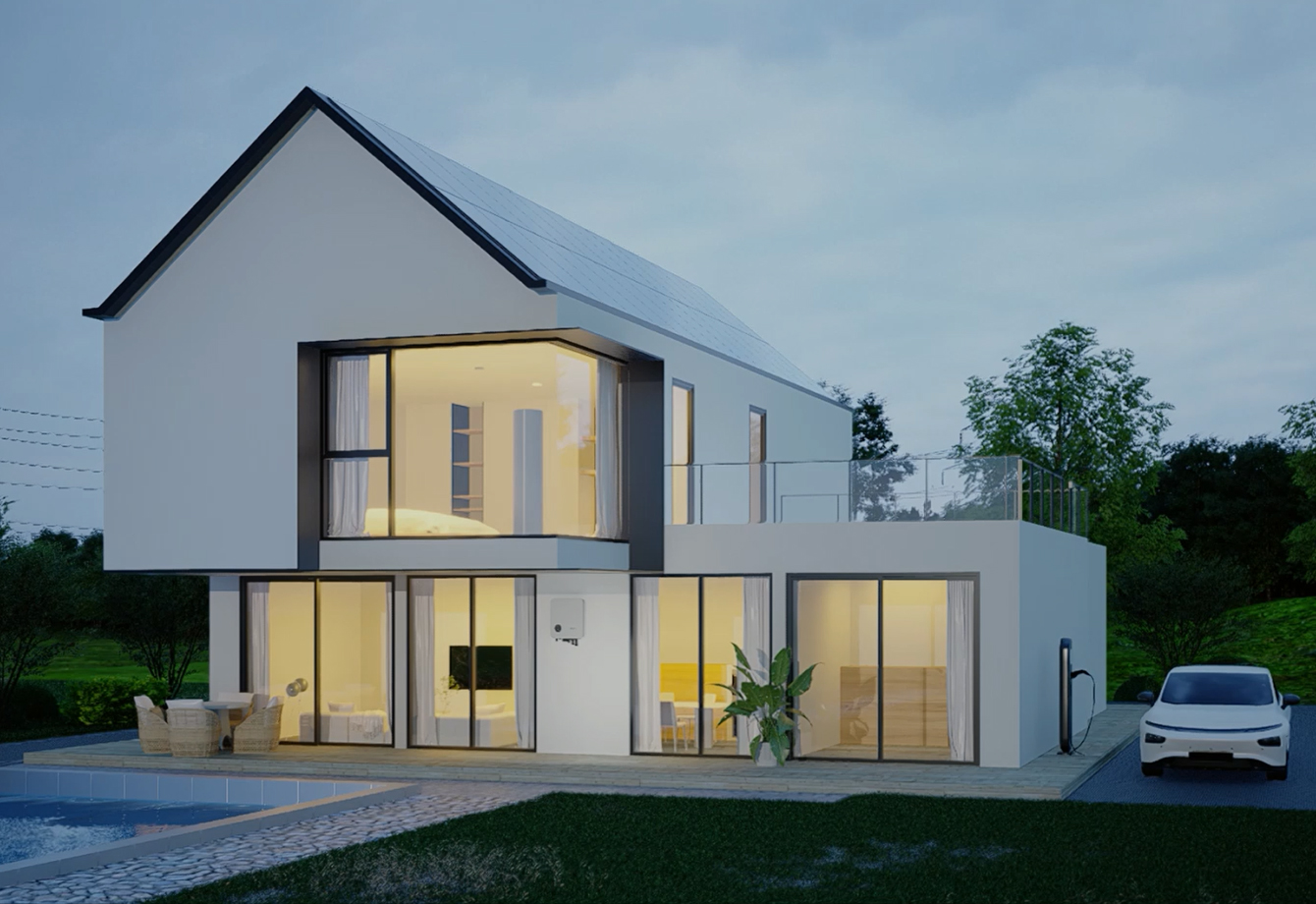 A modern two-storey home with some solar module and a white solavita on grid inverter, large windows, a minimalist exterior and warm light inside. The house has a flat roof and a patio area. A Solavita EV car is parked nearby and surrounded by greenery