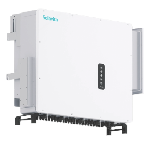 A white Solavita on-grid three phase 320kW inverter with multiple black connectors at the bottom and a small display panel on the front. The Solavita logo appears in blue in the upper left corner, highlighting its streamlined design and efficient functionality.