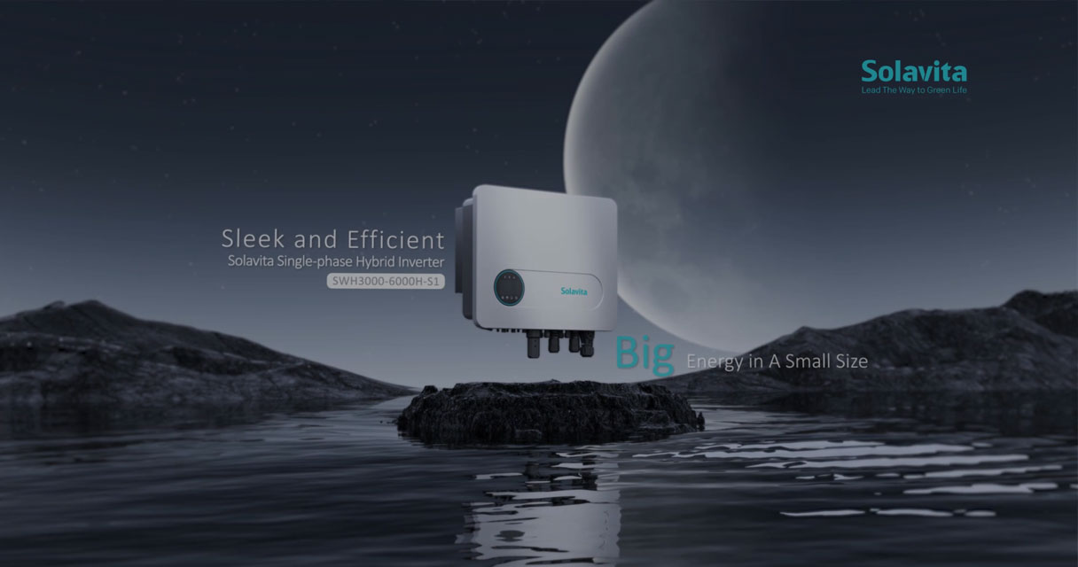 Promotional banner for the Solavita single-phase hybrid inverter model SWH3000-6000H-S1, set against a dark, moonlit landscape. The sleek, compact design of the hybrid inverter is showcased, hovering above a rocky platform in a futuristic, minimalist environment. The text emphasizes its efficiency and compact energy capacity with phrases like 'Sleek and Efficient' and 'Big Energy in A Small Size.' Solavita's tagline, 'Lead The Way to Green Life,' is displayed in the top right, reinforcing the brand's commitment to sustainable energy solutions