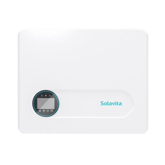 Front view of Solavita single-phase 3-6kW hybrid inverter, featuring a minimalist white rectangular body with smooth edges and a circular black display panel, providing a modern and compact design suitable for residential use