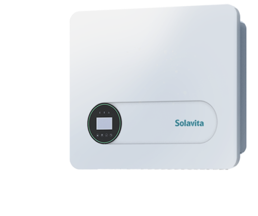 Front view of Solavita single-phase 3-6kW hybrid inverter, featuring a minimalist white rectangular body with smooth edges and a circular black display panel, providing a modern and compact design suitable for residential use