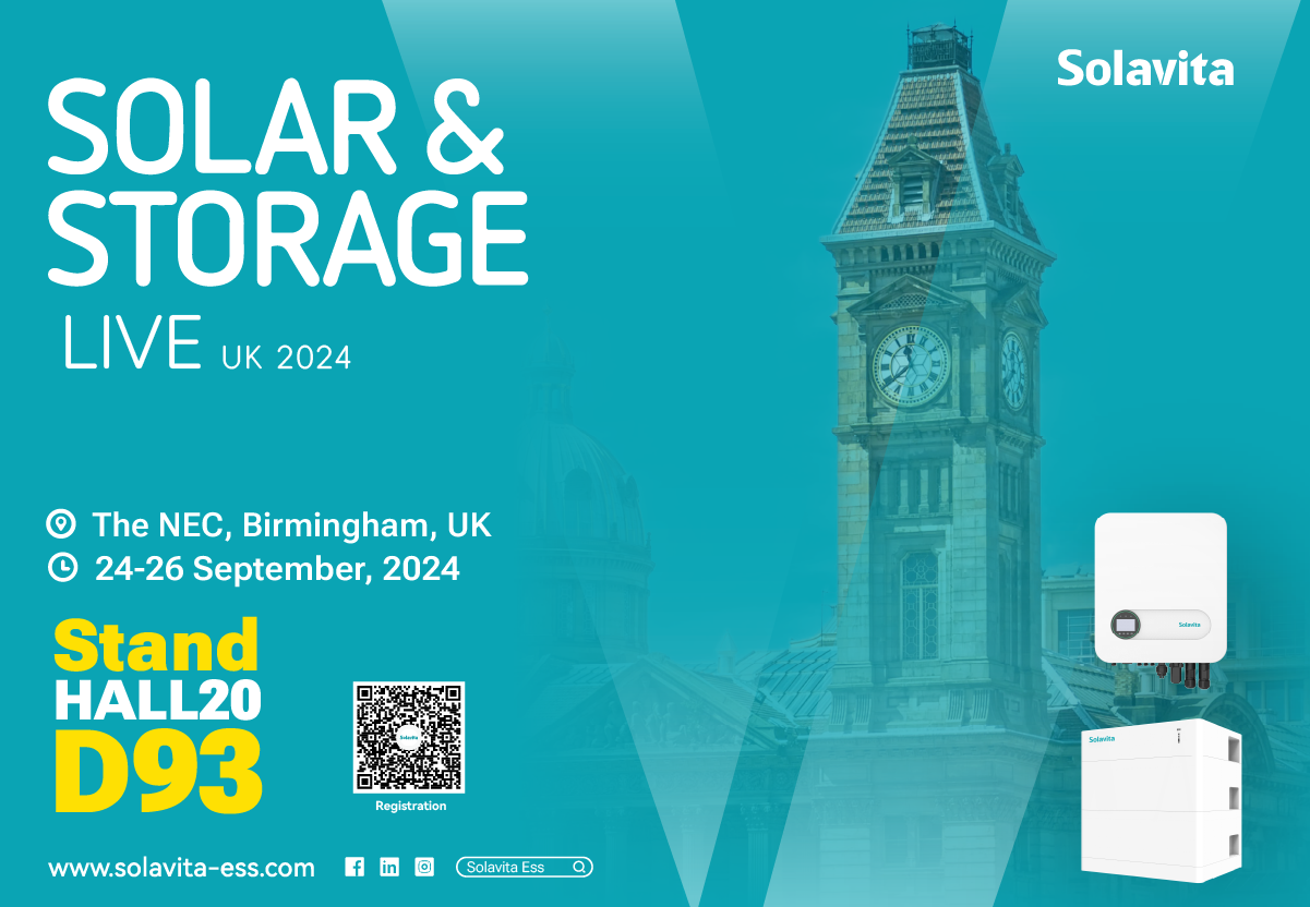 2024 Solar & Storage Live UK expo promotion banner, which states the time, location and booth number of the exhibition