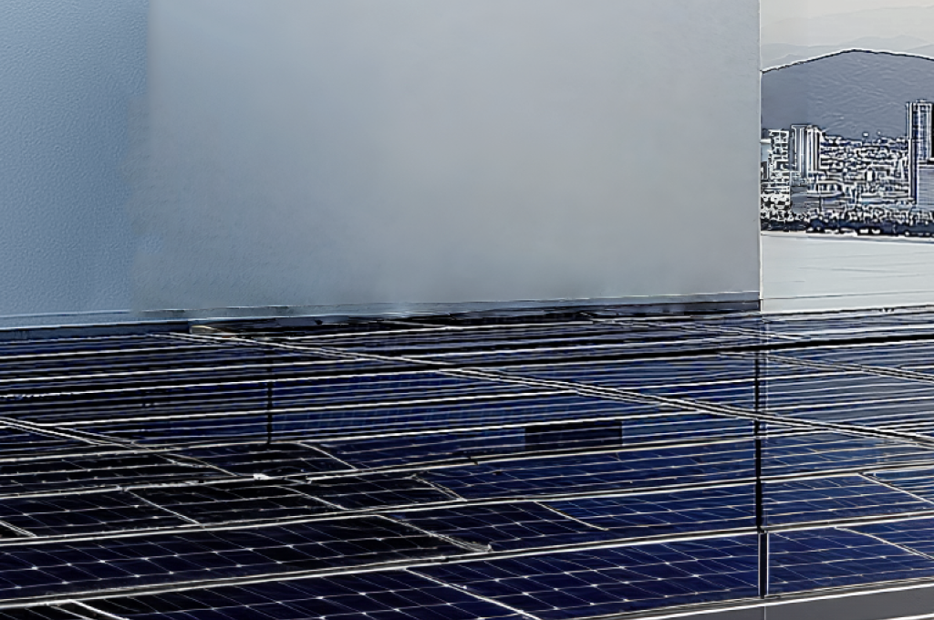 Commercial rooftop covered with Solavita-installed photovoltaic panel strings generating solar energy, converted through a 320kW Solavita on-grid inverter for efficient power output