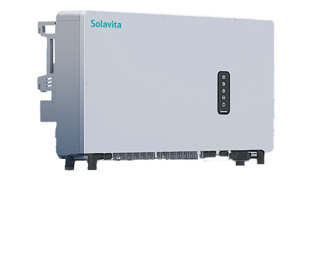 Front view of the Solavita on-grid inverter, showcasing its sleek, compact design with multiple connection ports at the bottom, ideal for three-phase solar energy systems in residential and commercial applications