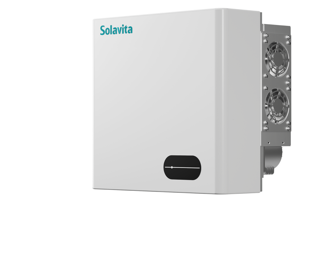 the white Solavita on-grid three phase 15-25kW inverter with a robust design, featuring dual cooling fans and a sleek front display, ideal for high-capacity energy management in residential and commercial settings