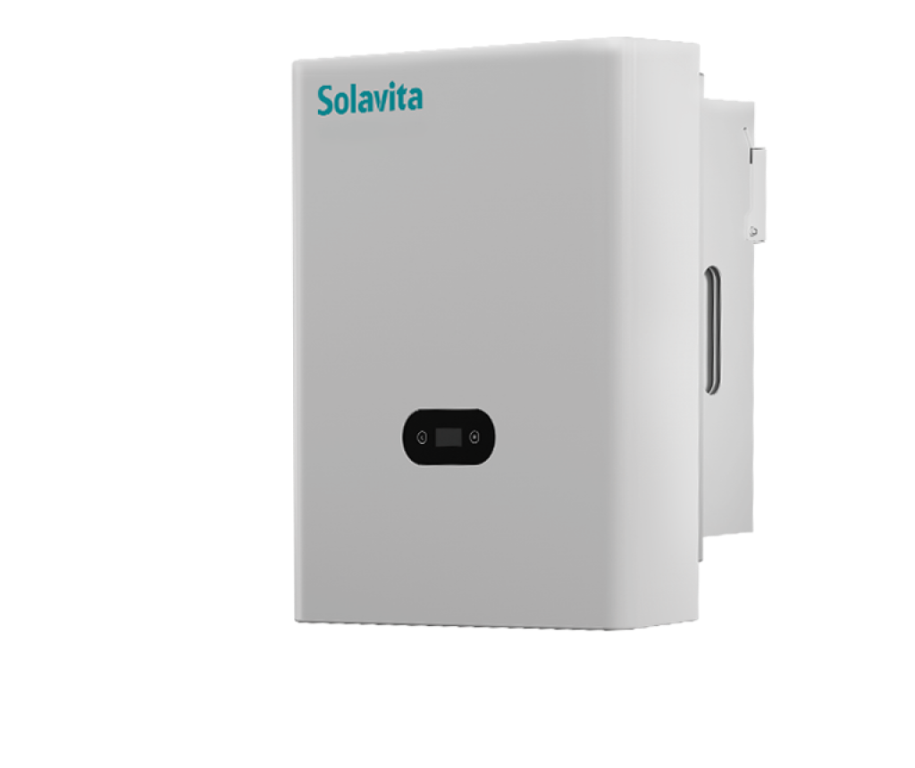 Solavita single phase on-grid inverter (7-10kW) with a sleek, compact design and front display, ideal for residential solar energy solutions.