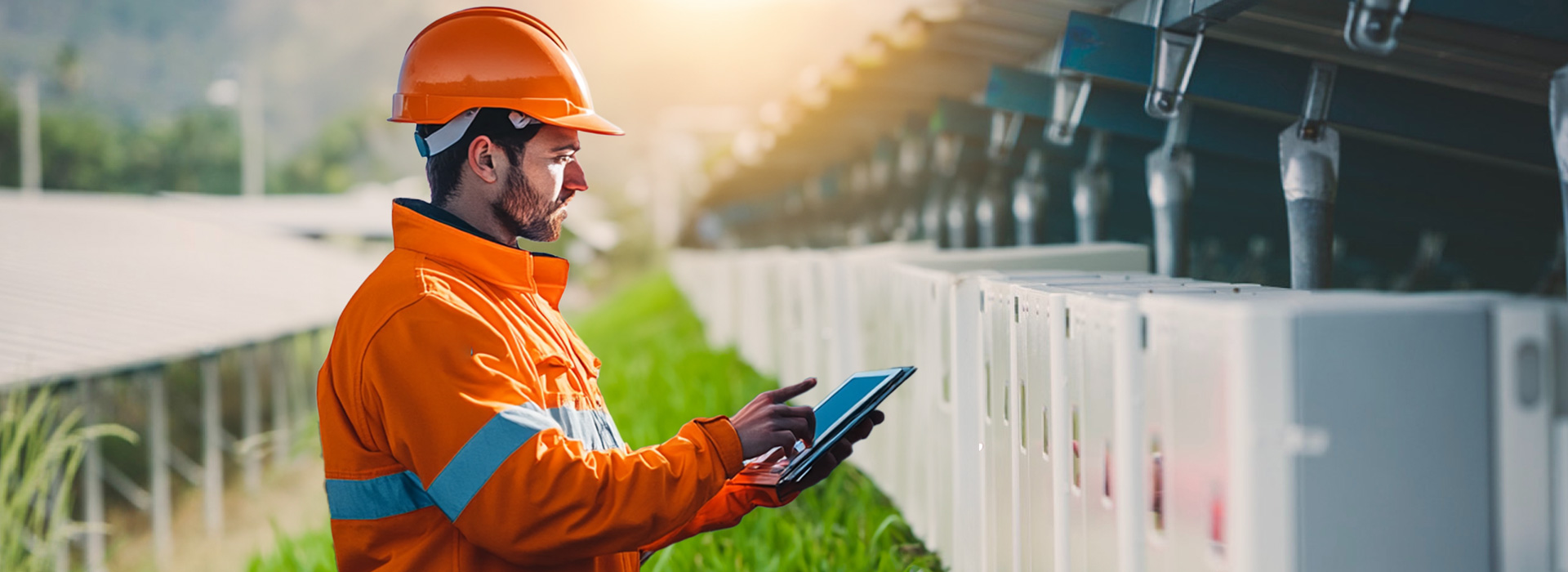 Engineer in safety gear using a tablet to inspect Solavita PV and hybrid inverters in a solar power installation field