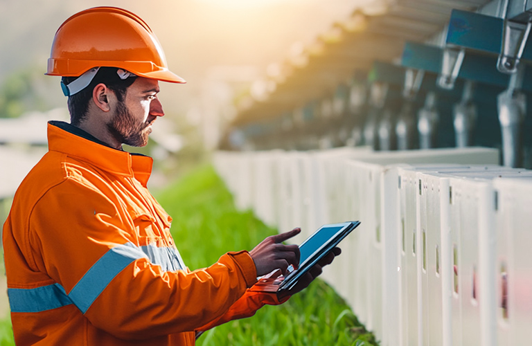 Engineer in safety gear using a tablet to inspect Solavita PV and hybrid inverters in a solar power installation field