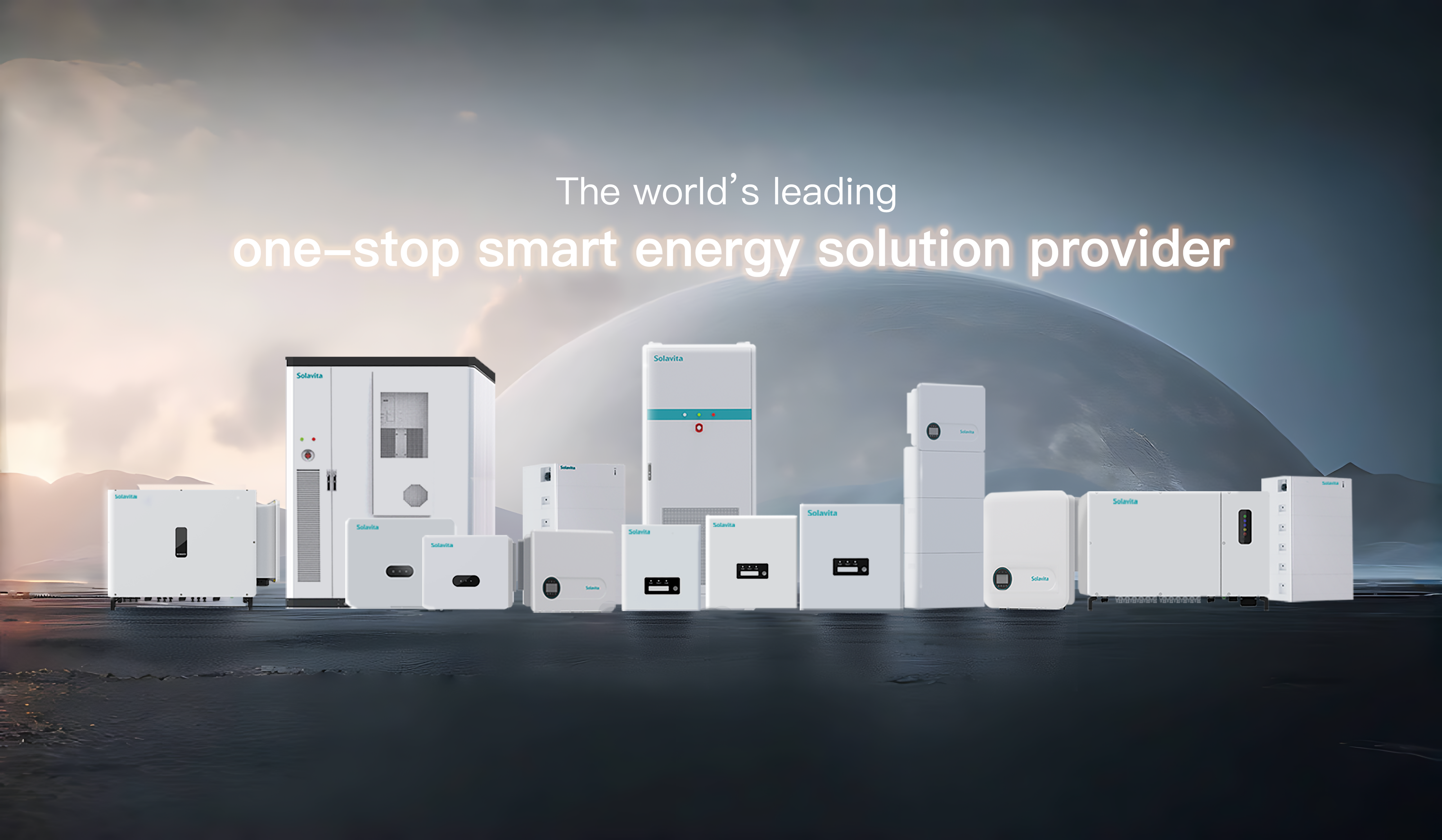 A variety of sleek, white, modern energy storage inverters displayed against a backdrop of a large planet, with text reading: 'The world's leading one-stop smart energy solution provider,' showcasing Solavita’s advanced inverter solutions, including the Solavita hybrid inverter and Solavita ESS for efficient, reliable energy storage