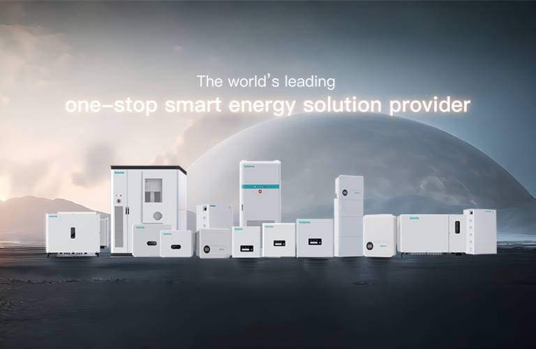 A variety of sleek, white, modern energy storage inverters displayed against a backdrop of a large planet, with text reading: 'The world's leading one-stop smart energy solution provider,' showcasing Solavita’s advanced inverter solutions, including the Solavita hybrid inverter and Solavita ESS for efficient, reliable energy storage