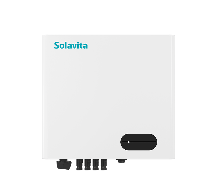 A white Solavita on-grid three phase 15-25kW inverter with multiple black connectors at the bottom and a small display panel on the front. The Solavita logo appears in blue in the upper left corner, highlighting its streamlined design and efficient functionality