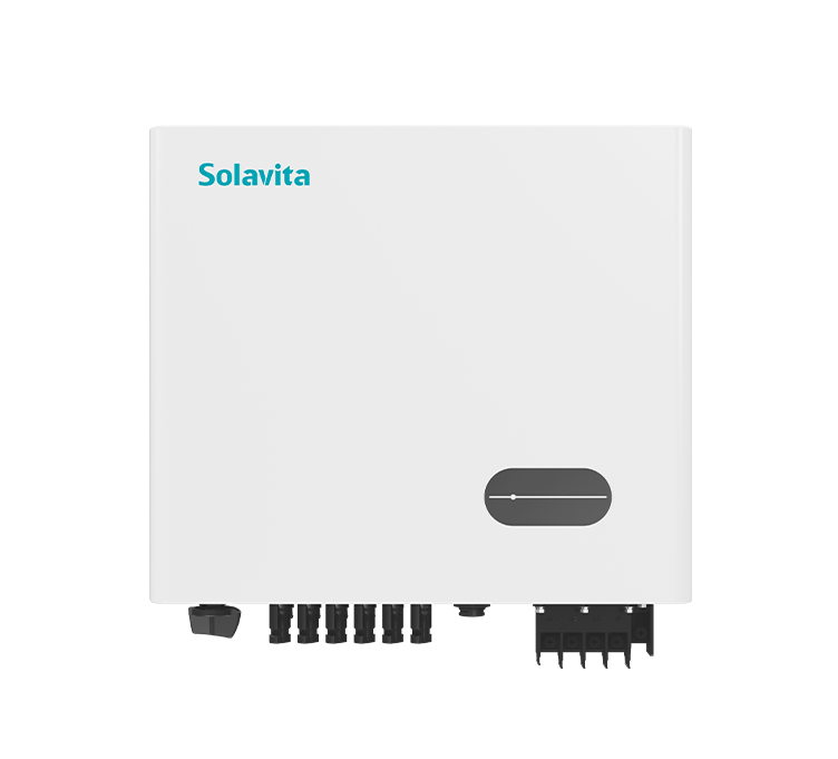 A white Solavita on-grid three phase 30-33kW inverter with multiple black connectors at the bottom and a small display panel on the front. The Solavita logo appears in blue in the upper left corner, highlighting its streamlined design and efficient functionality.