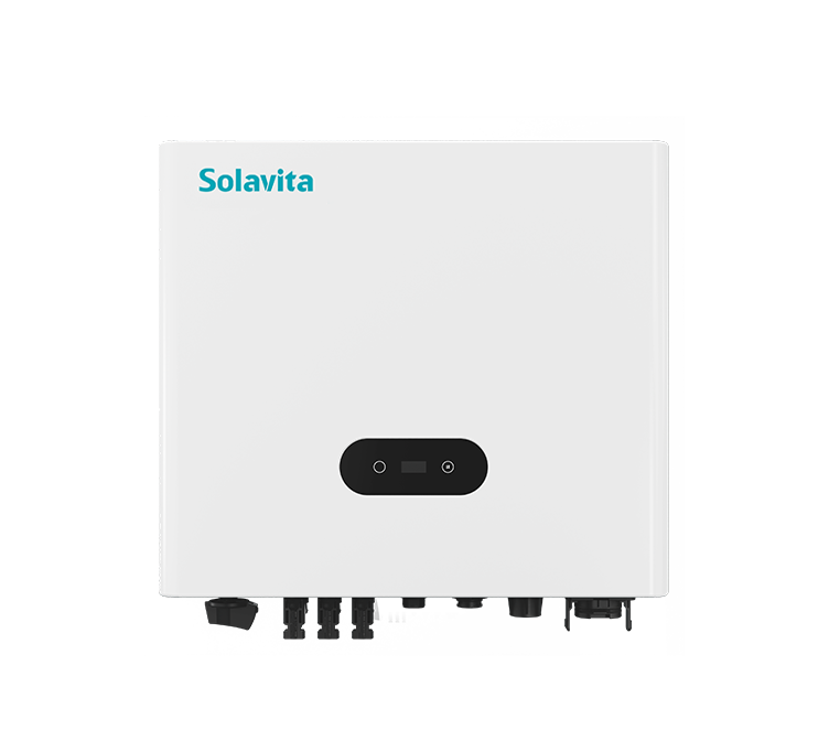 A white Solavita on-grid single phase 4-6kW inverter with multiple black connectors at the bottom and a small display panel on the front. The Solavita logo appears in blue in the upper left corner, highlighting its streamlined design and efficient functionality.