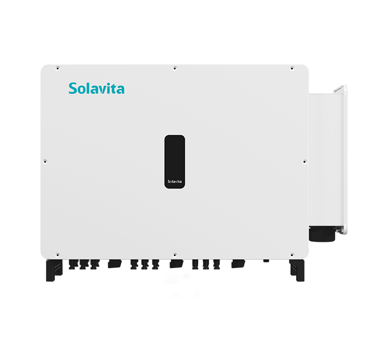 A white Solavita on-grid three phase 125kW inverter with multiple black connectors at the bottom and a small display panel on the front. The Solavita logo appears in blue in the upper left corner, highlighting its streamlined design and efficient functionality.