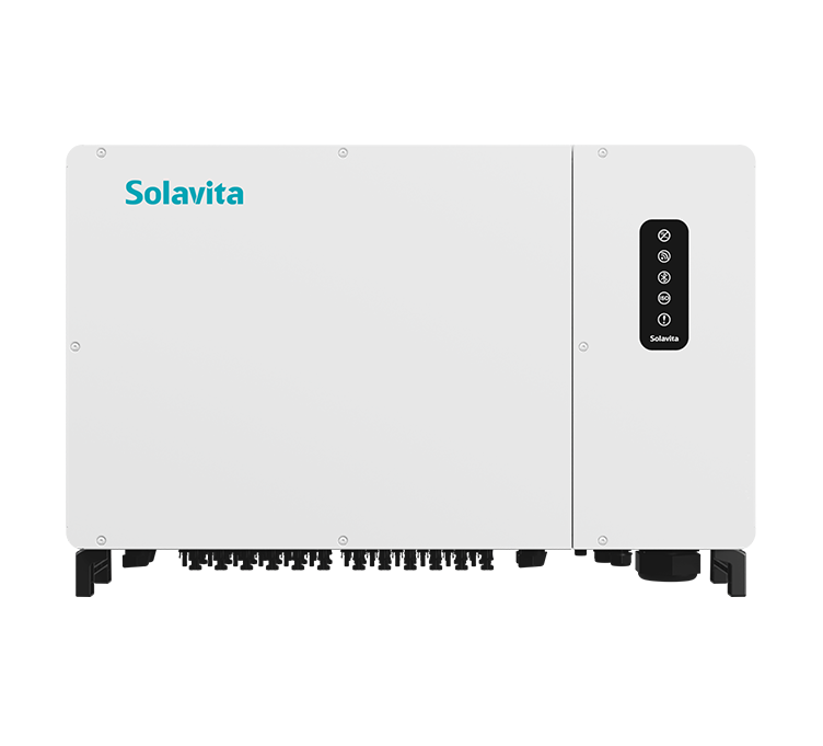 A white Solavita on-grid three phase 225kW inverter with multiple black connectors at the bottom and a small display panel on the front. The Solavita logo appears in blue in the upper left corner, highlighting its streamlined design and efficient functionality.