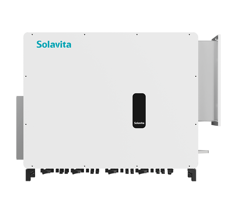 A white Solavita on-grid three phase 320kW inverter with multiple black connectors at the bottom and a small display panel on the front. The Solavita logo appears in blue in the upper left corner, highlighting its streamlined design and efficient functionality.