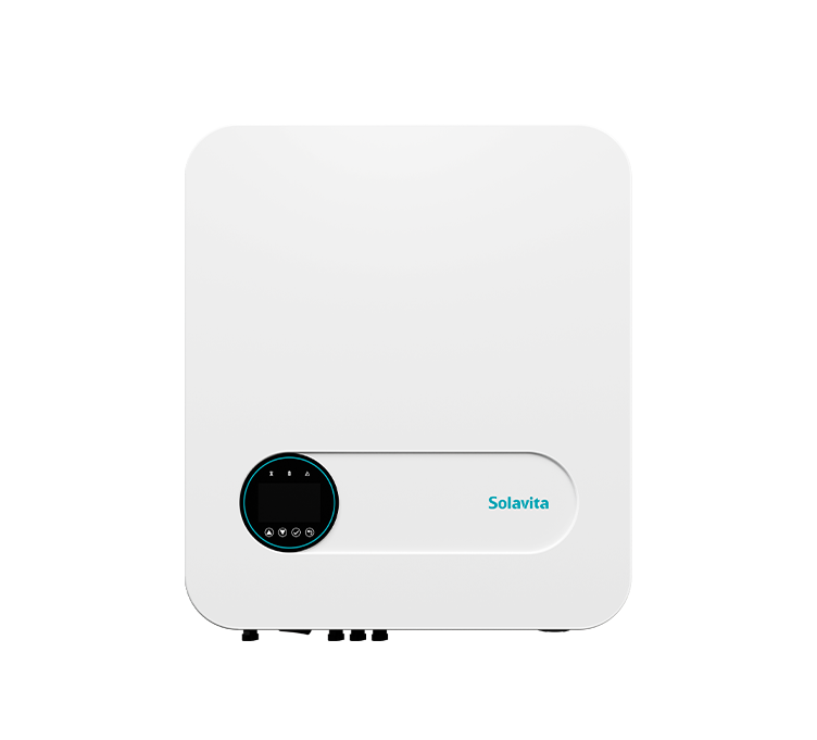 Front view of Solavita three-phase 5-15kW hybrid inverter, featuring a minimalist white rectangular body with smooth edges and a circular black display panel, providing a modern and compact design suitable for residential use