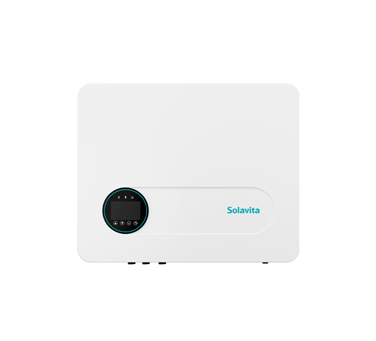 Front view of Solavita single-phase 3-6kW hybrid inverter, featuring a minimalist white rectangular body with smooth edges and a circular black display panel, providing a modern and compact design suitable for residential use