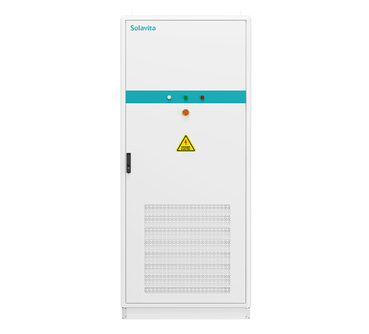 Solavita SWS-P100E215-HC liquid-cooling energy storage cabinet designed for commercial and industrial applications. The cabinet has a sleek white exterior with a distinctive blue horizontal stripe, LED status indicators, and an emergency stop button for safety. A high-voltage warning sign is displayed on the front panel along with a perforated ventilation grid, supporting efficient liquid cooling for enhanced system reliability and performance in demanding energy storage environments