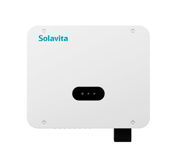 A white Solavita on-grid three phase 40-60kW inverter with multiple black connectors at the bottom and a small display panel on the front. The Solavita logo appears in blue in the upper left corner, highlighting its streamlined design and efficient functionality.