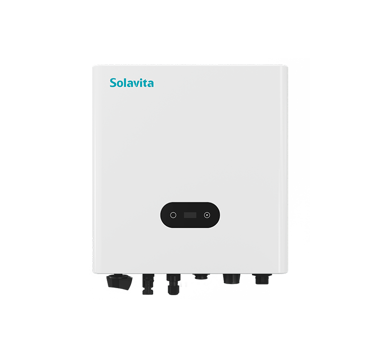 A white Solavita on-grid inverter (1-3kW) with multiple black connectors at the bottom and a small display panel on the front. The Solavita logo appears in blue in the upper left corner, highlighting its streamlined design and efficient functionality.