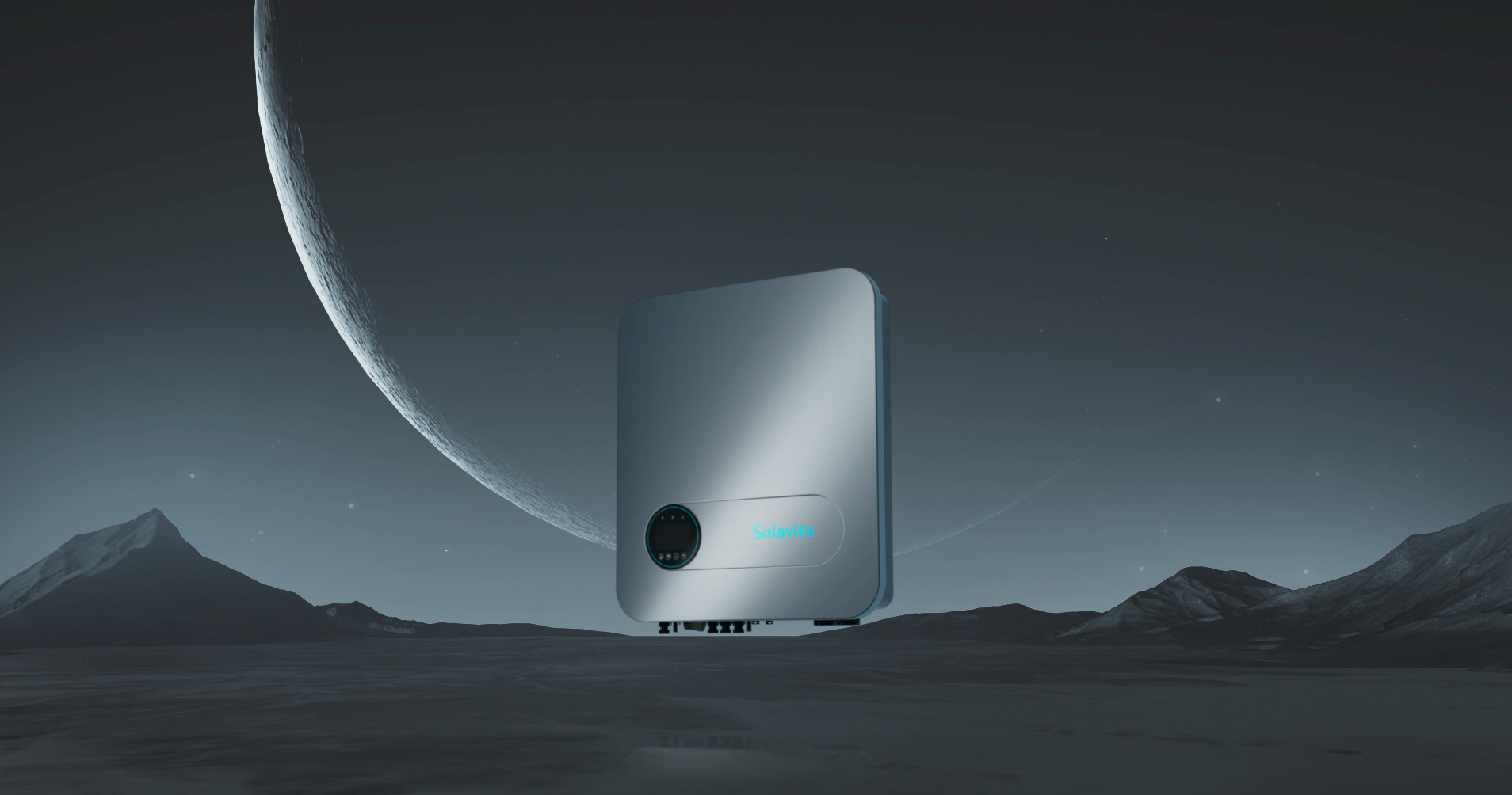 Promotional banner for the Solavita THREE-phase hybrid inverter model SWH5-15kw-T1, set against a dark, moonlit landscape. The sleek, compact design of the hybrid inverter is showcased, hovering above a rocky platform in a futuristic, minimalist environment. The text emphasizes its efficiency and compact energy capacity with phrases like 'Sleek and Efficient' and 'Big Energy in A Small Size.' Solavita's tagline, 'Lead The Way to Green Life,' is displayed in the top right, reinforcing the brand's commitment to sustainable energy solutions